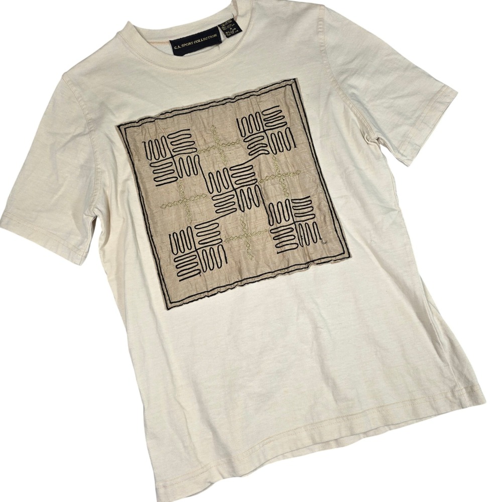 Vintage C.A. Sport Collection T-Shirt Medium Cream Silk Embroidered Aztec Boho